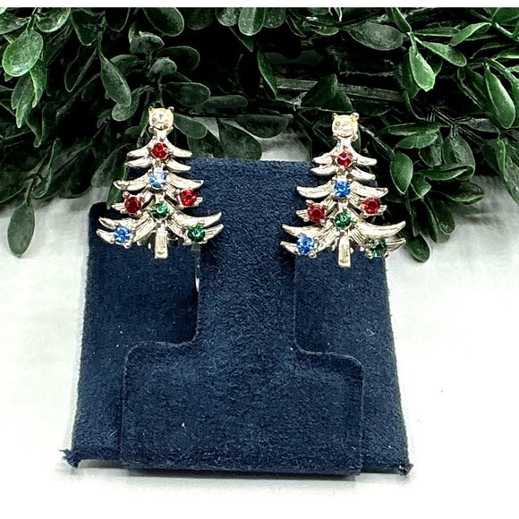 Vintage Christmas Tree Rhinestone Clip On Earrings Silver Tone Festive Jewelry - Picture 2 of 6